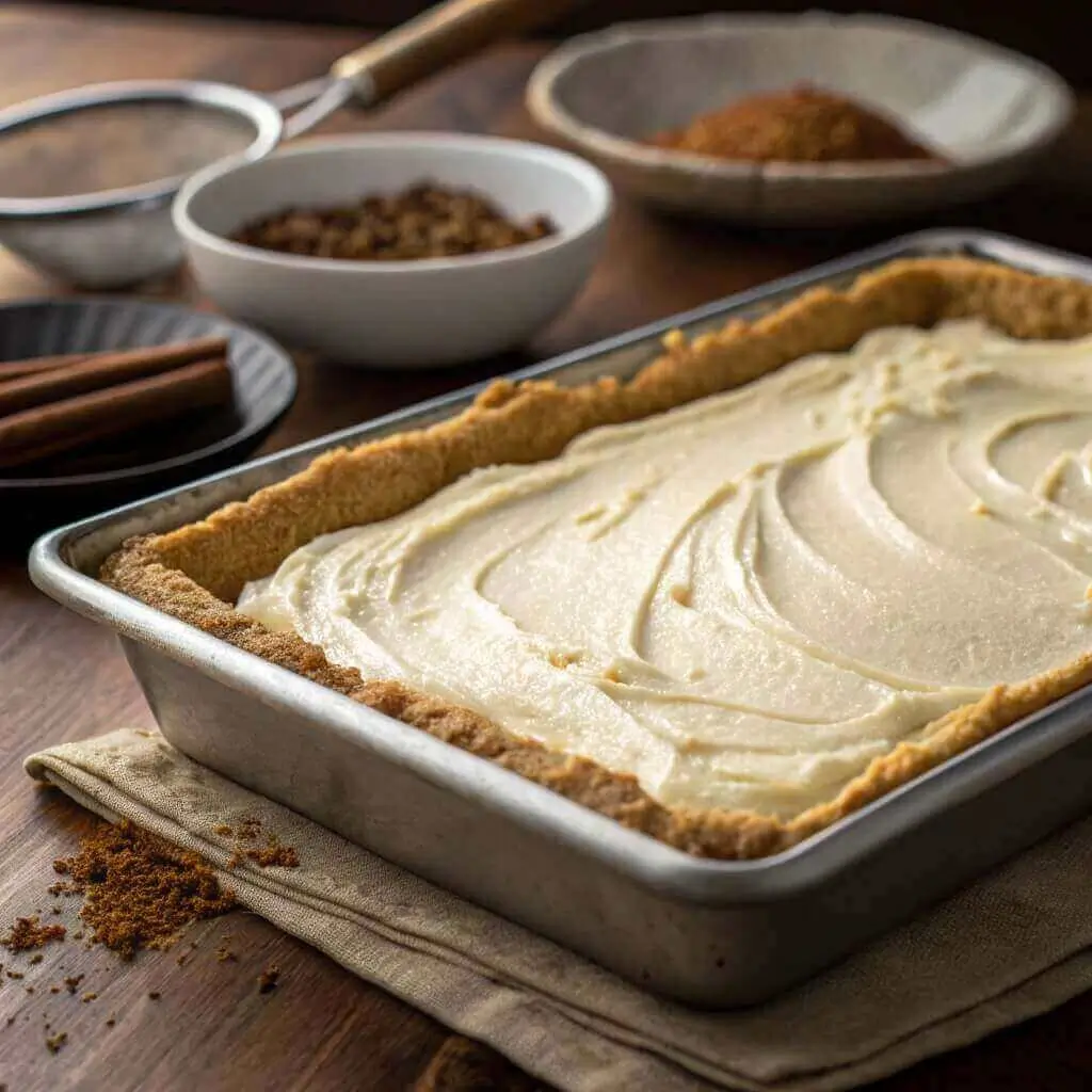 Assembling churro cheesecake with cream cheese filling