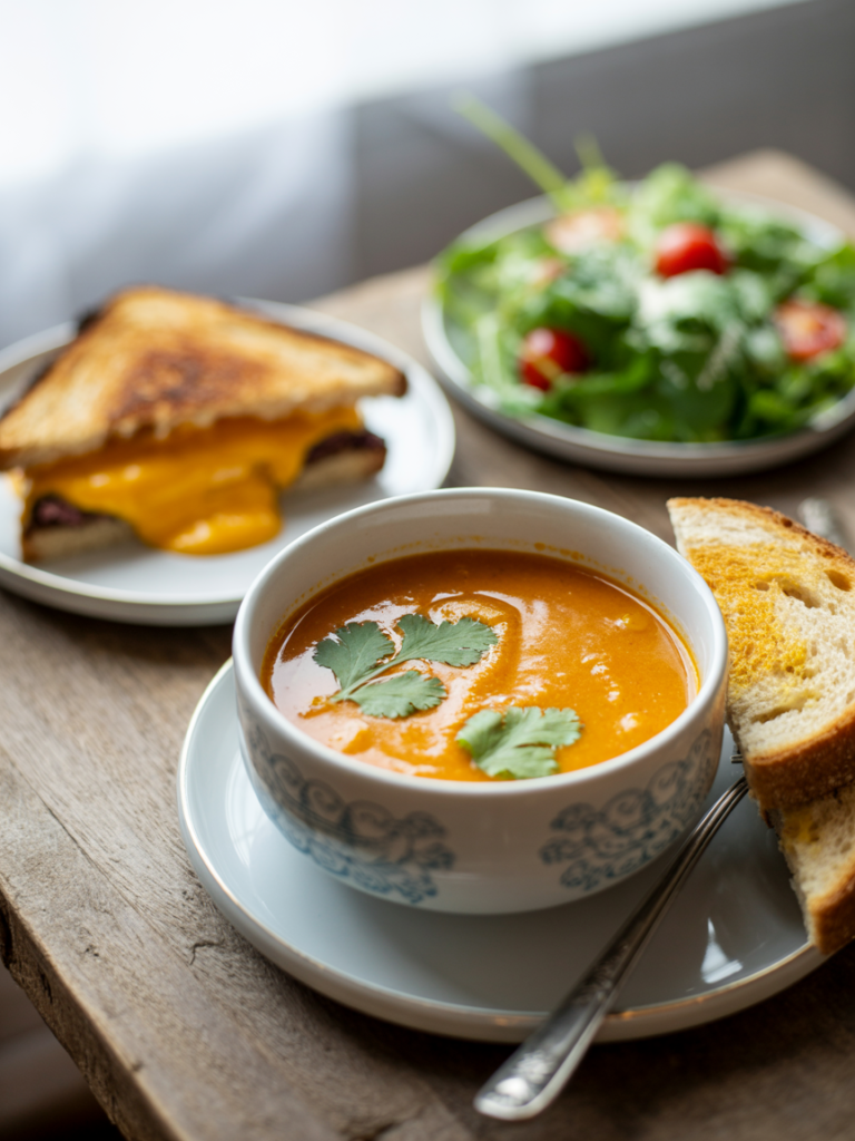 Curried carrot soup served with grilled cheese and salad