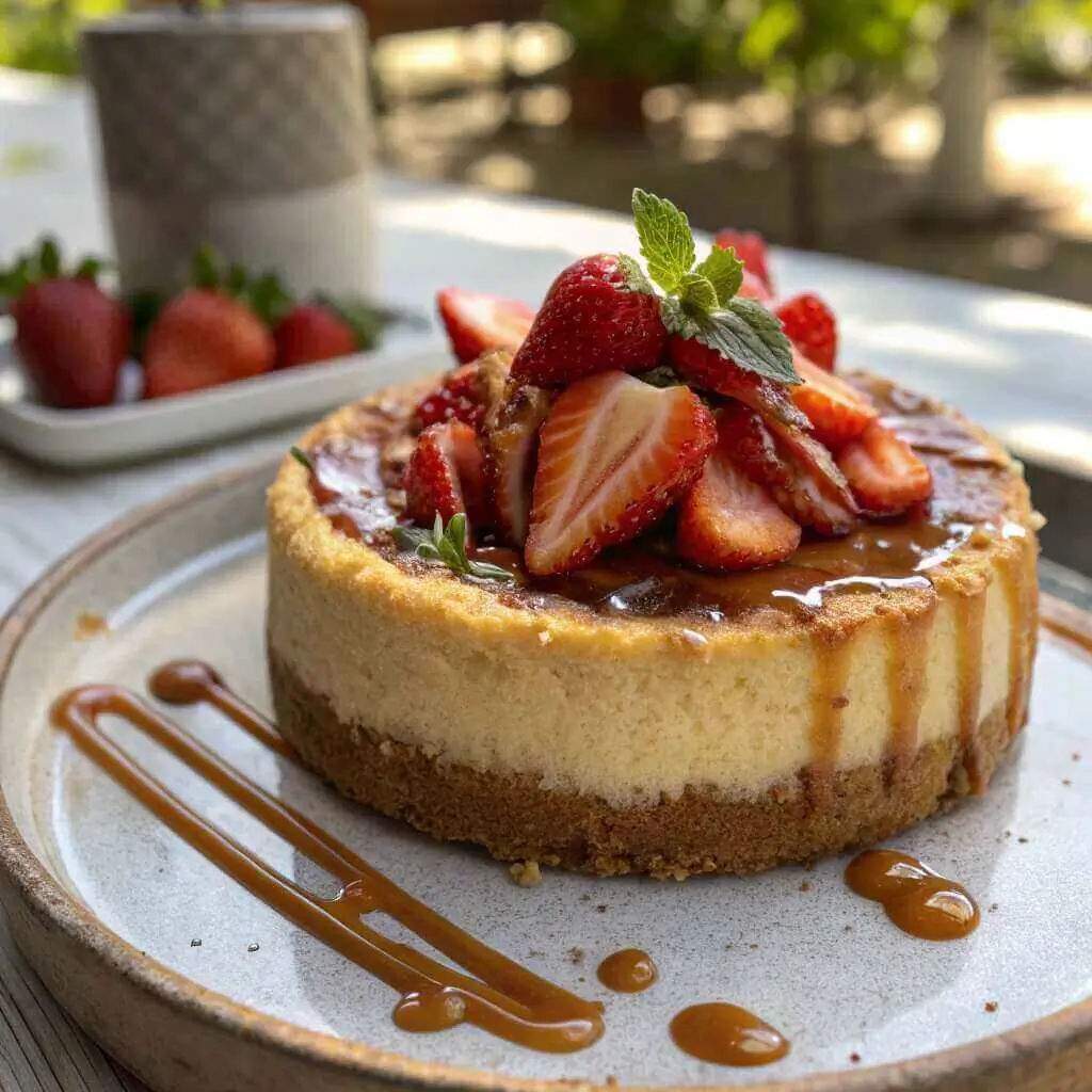 Churro cheesecake with fresh strawberries and caramel drizzle