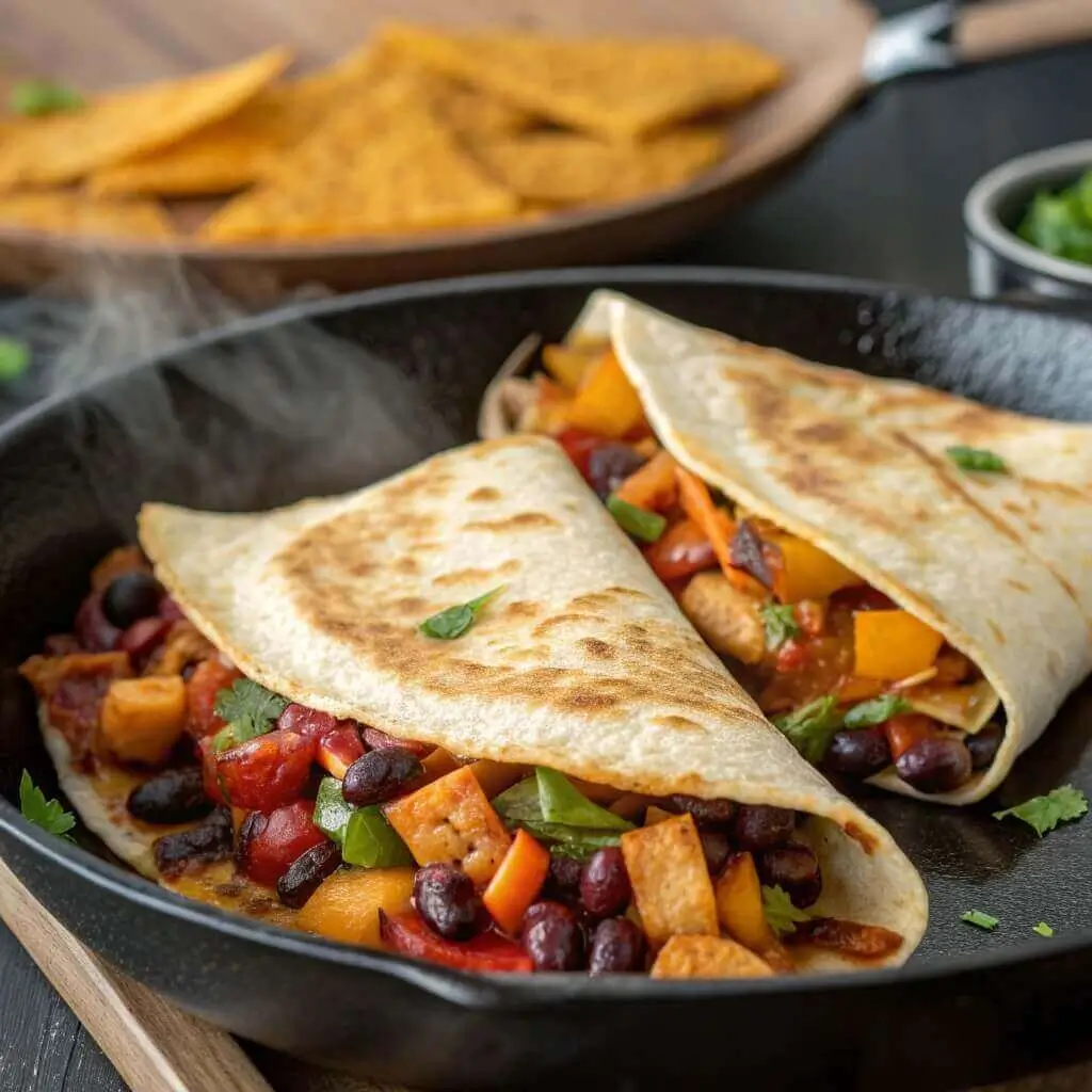 cooking loaded vegetable quesadillas in skillet