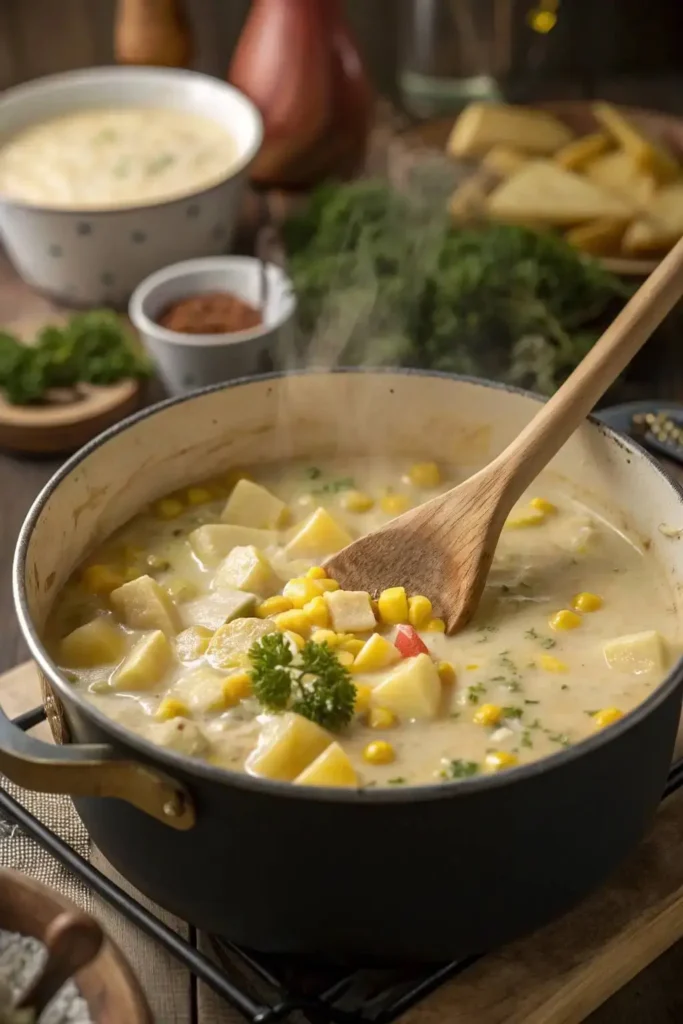 Pot of creamy corn chowder with potatoes cooking