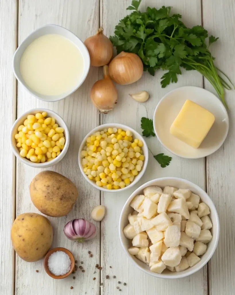 Ingredients for creamy corn chowder with potatoes