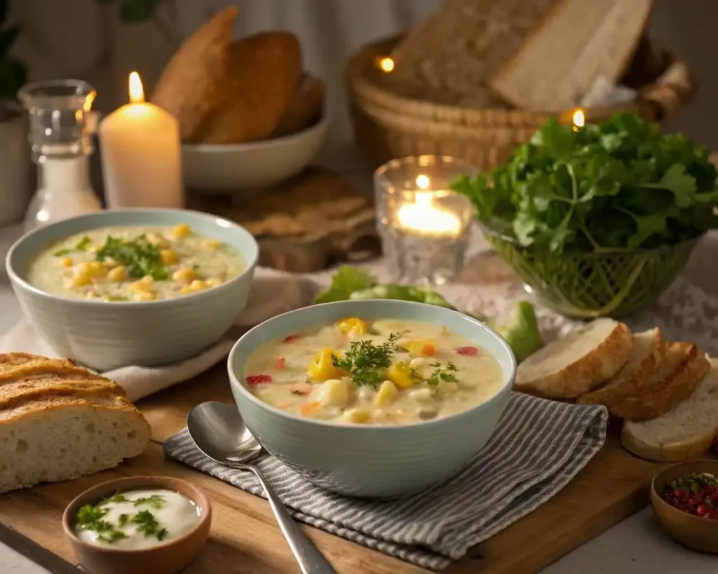 Creamy Corn Chowder with Potatoes served with bread and salad