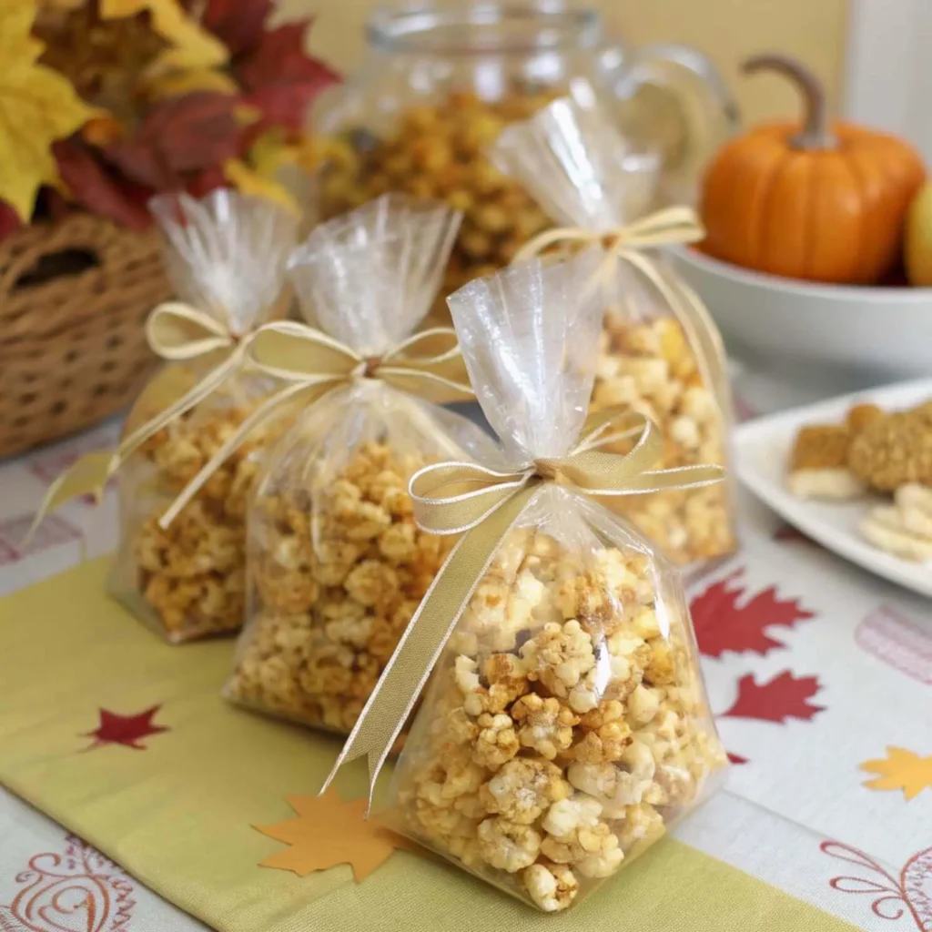 gift packaged kettle corn in clear bags with ribbon