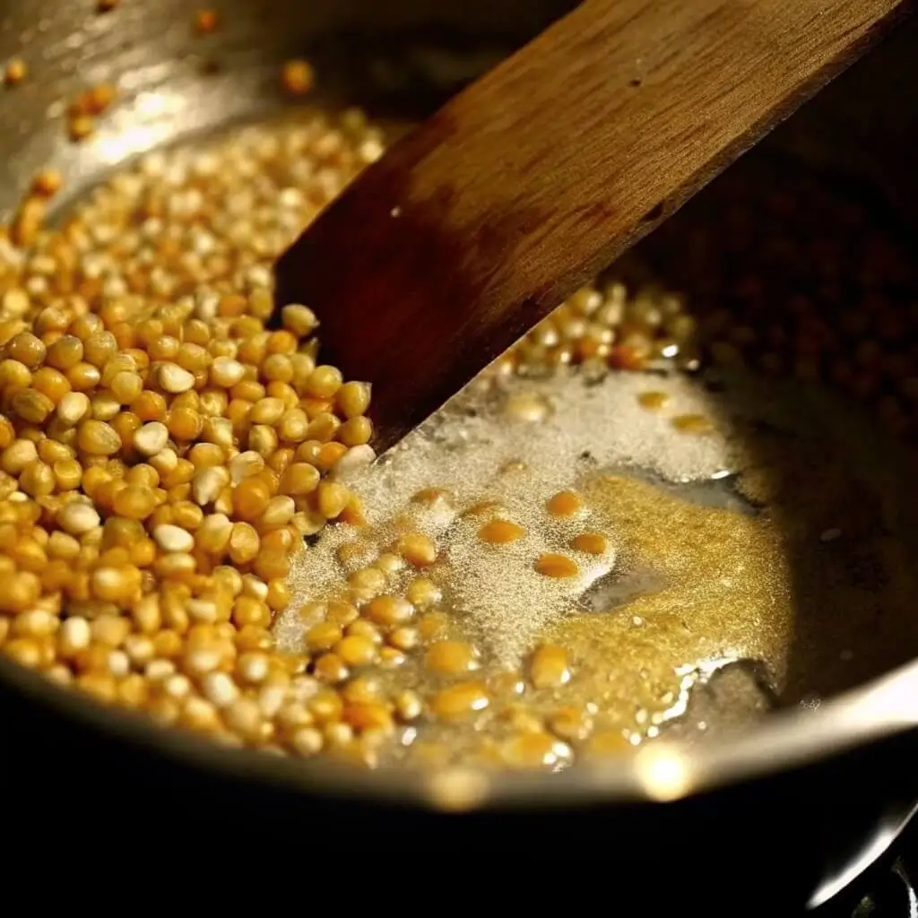 kettle corn popcorn kernels caramelizing in pot File