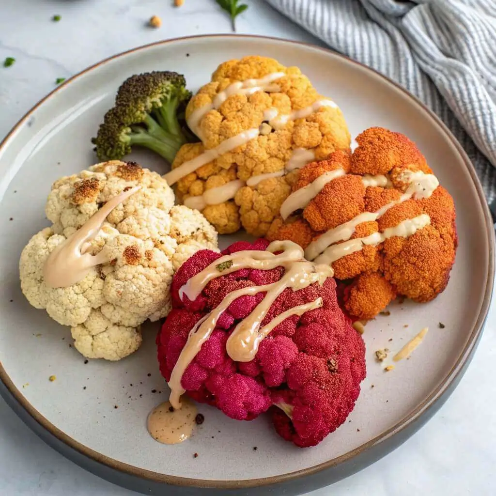 Roasted cauliflower flavor variations with parmesan, paprika, and tahini.