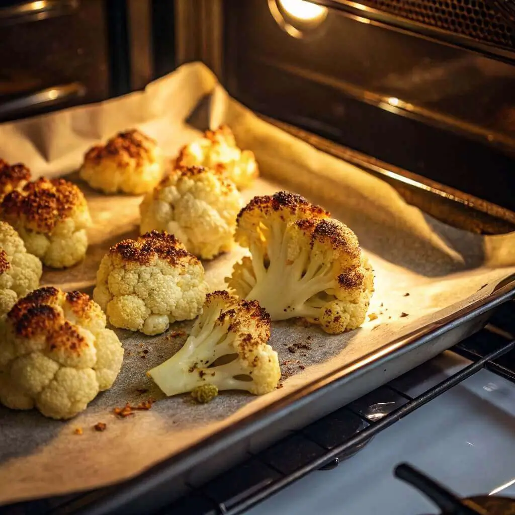 Roasted cauliflower baking in the oven until golden.