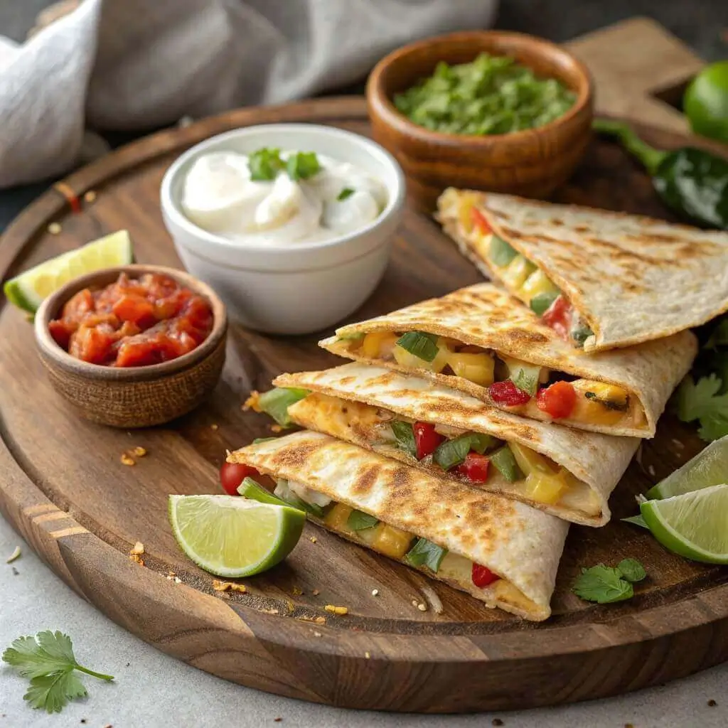loaded vegetable quesadillas with dips and lime