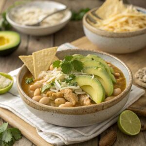 Bowl of White Bean & Chicken Chili with Fresh Cilantro and toppings
