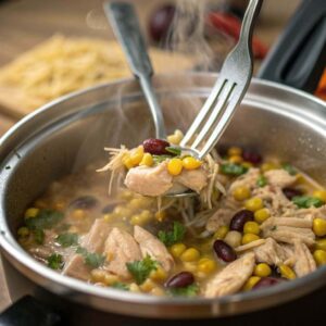 Shredding cooked chicken for White Bean & Chicken Chili
