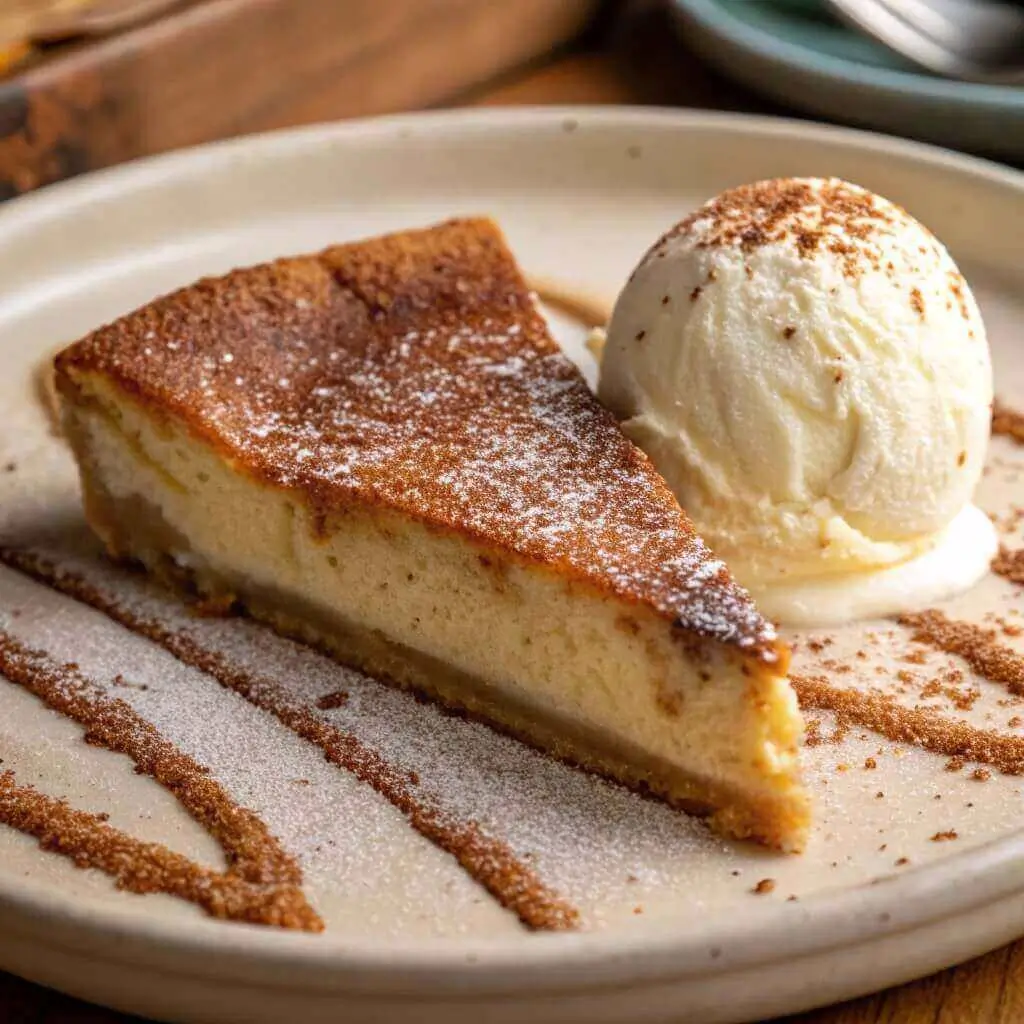 Warm churro cheesecake slice with vanilla ice cream
