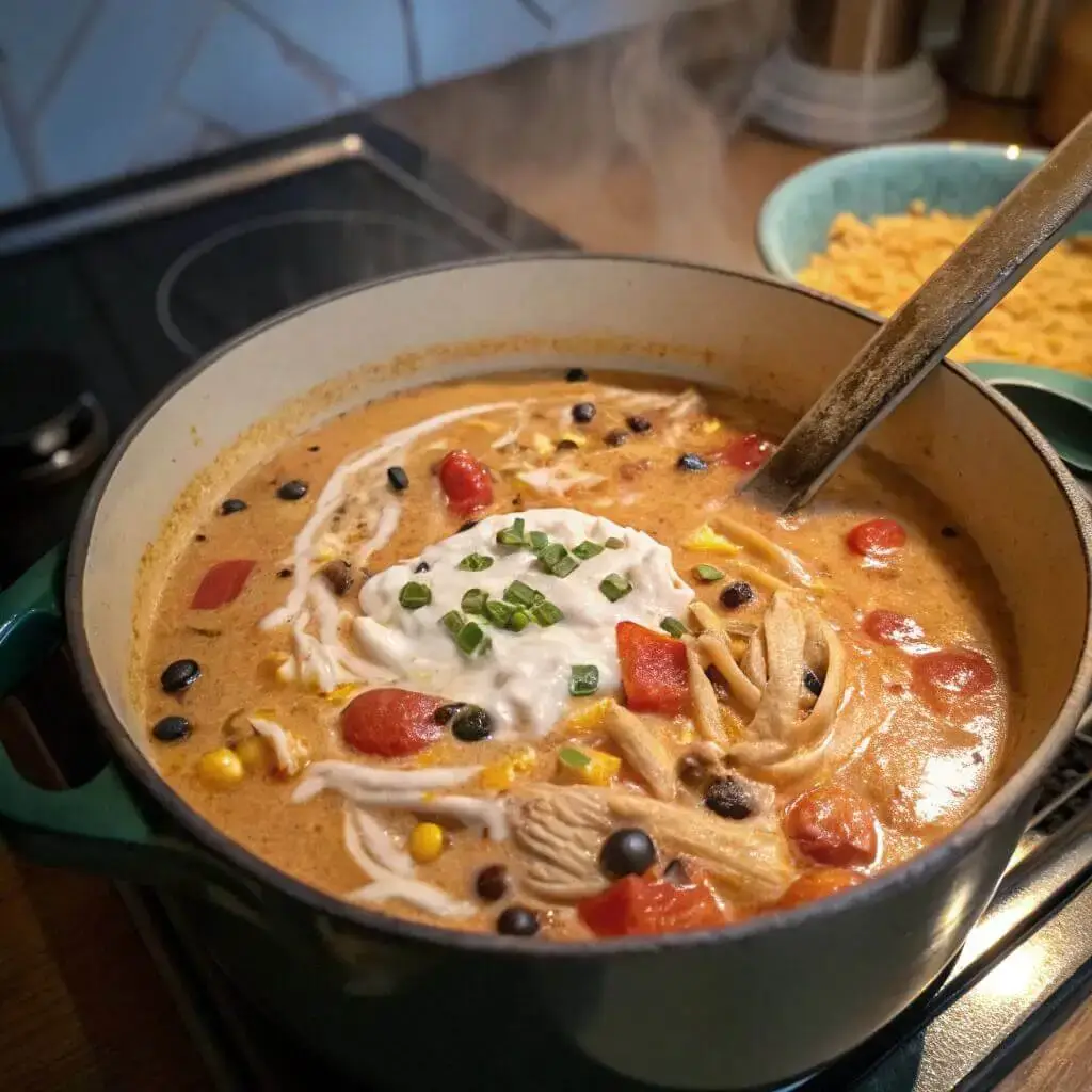 cooking easy stovetop chicken taco soup with cream cheese and Rotel