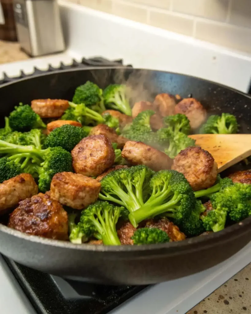 cooking sausage and broccoli pasta
