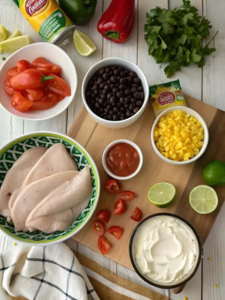 ingredients for easy stovetop chicken taco soup with Rotel and cream cheese