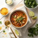 recipe card easy stovetop chicken taco soup with toppings