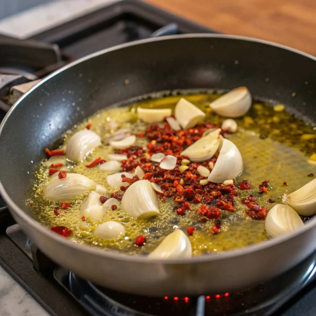 sautéing garlic for sausage broccoli pasta