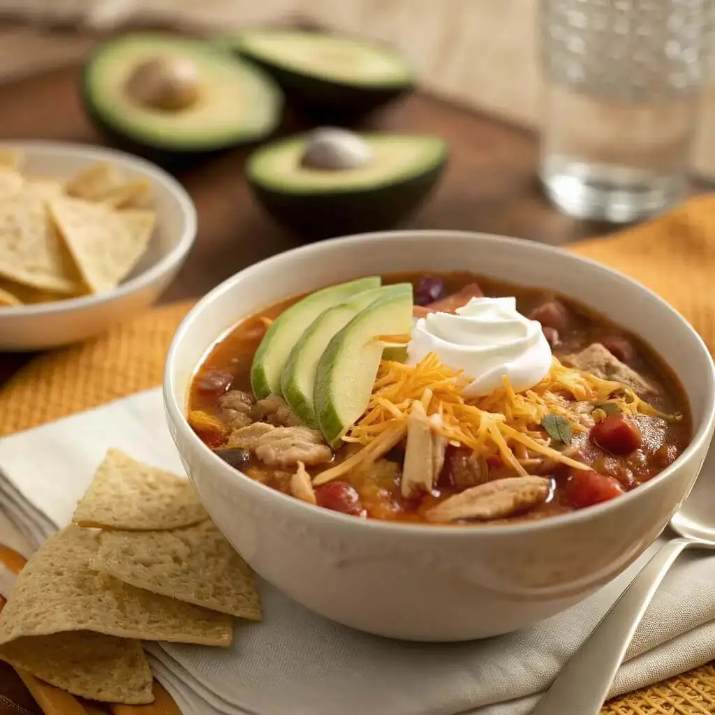serving chicken taco soup with toppings