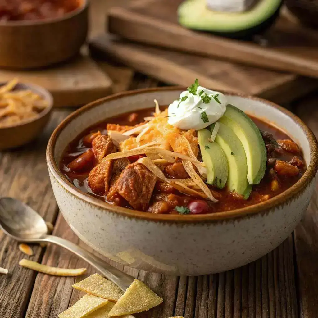 Bowl of Crockpot Chicken Chili with Ranch Seasoning served with toppings