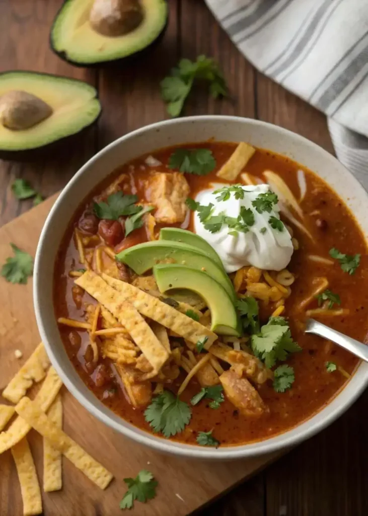 serving easy stovetop chicken taco soup with toppings