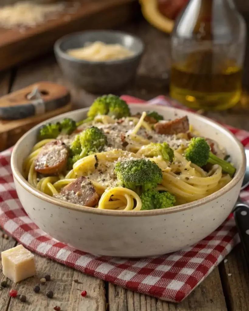 serving sausage broccoli pasta