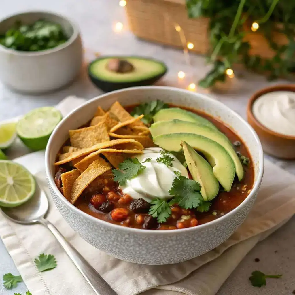 serving vegetarian taco soup with toppings