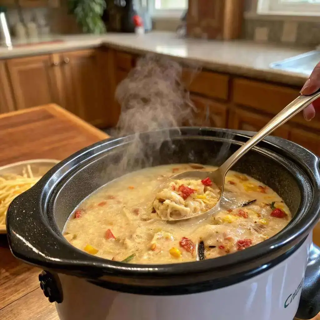 Slow cooker simmering Crockpot Chicken Chili with Ranch Seasoning