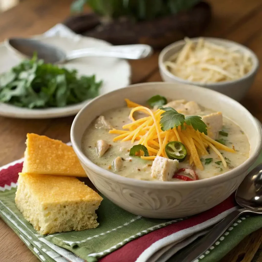 Served bowl of slow cooker cream cheese chicken chili with toppings