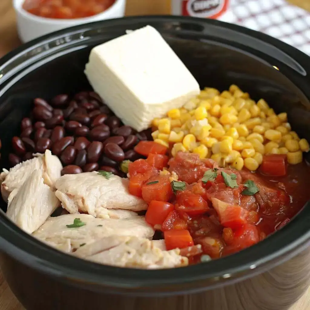 Slow cooker filled with chicken, beans, corn, and cream cheese