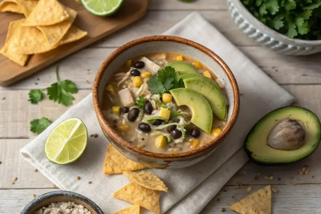 Taco-Inspired White Chili with Black Beans in a rustic bowl with avocado and lime