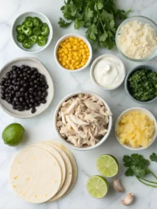 Ingredients for Taco-Inspired White Chili with Black Beans on a marble surface