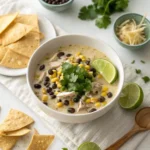 Taco-Inspired White Chili with Black Beans in a clean white bowl with lime and cilantro