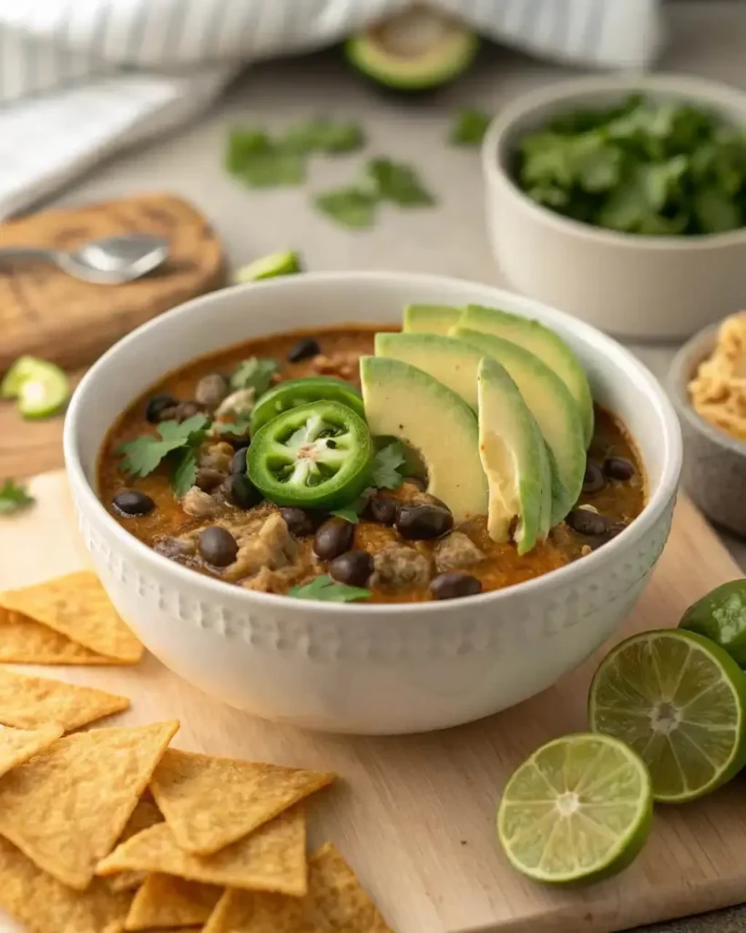 Bowl of Taco-Inspired White Chili with Black Beans served with toppings and cornbread