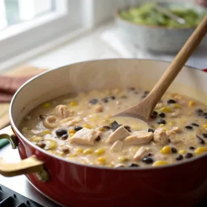 Pot of Taco-Inspired White Chili with Black Beans simmering on stove