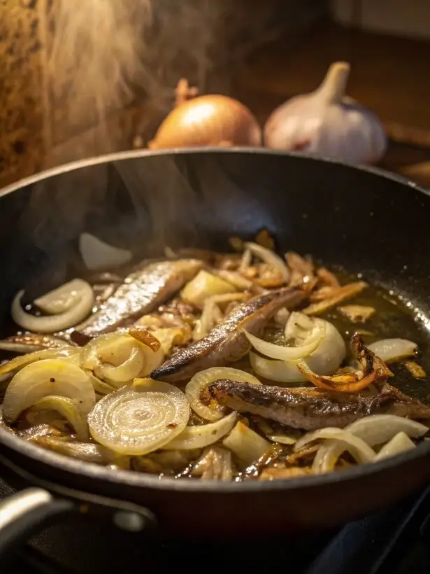Garlic and anchovies sizzling in olive oil for Pasta Puttanesca