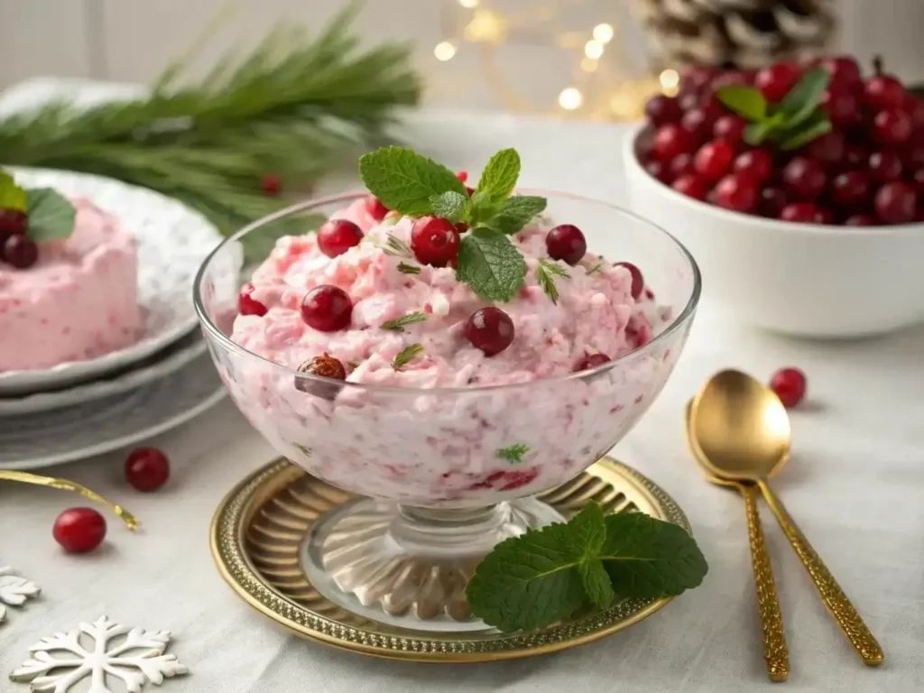 cranberry fluff salad served in glass bowl on holiday table
