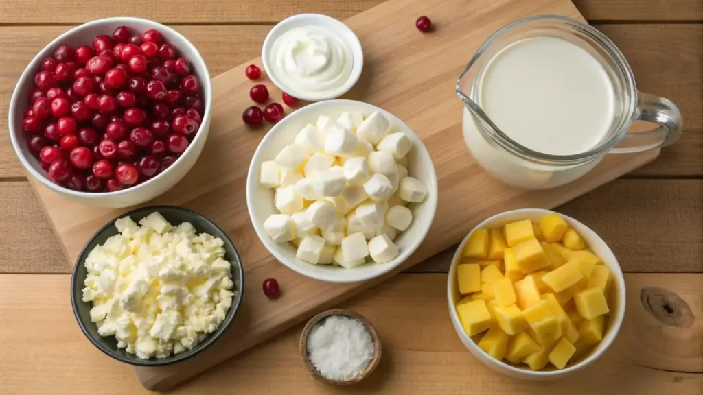cranberry fluff salad ingredients on wooden counter