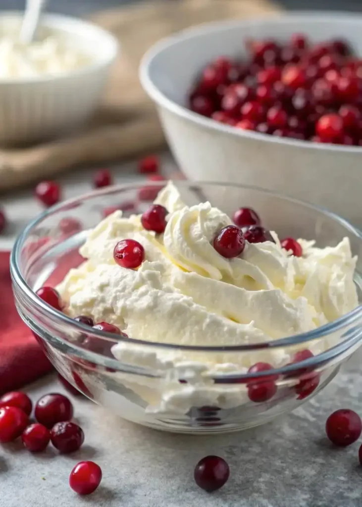 mixing cranberry fluff salad with whipped cream in a glass bowl