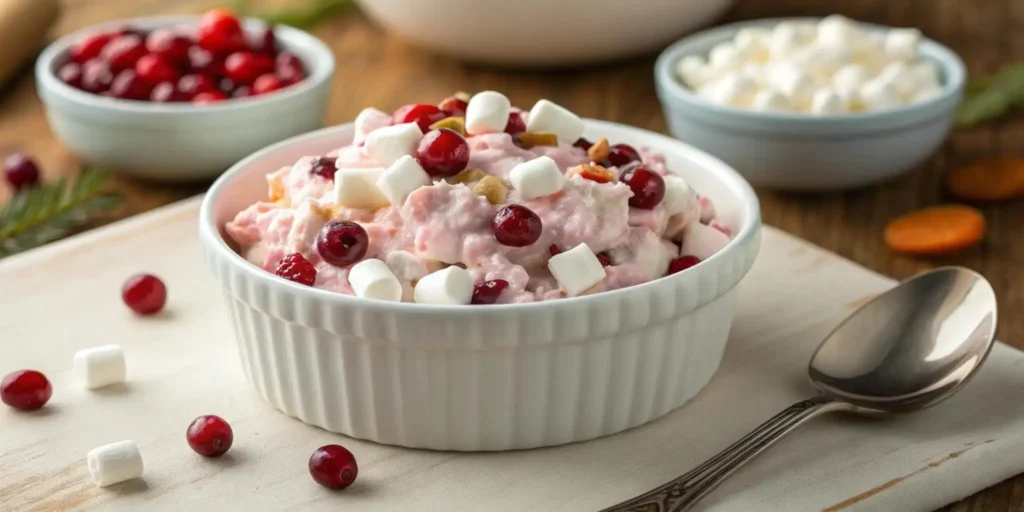 cranberry fluff salad recipe in a white bowl with marshmallows and cranberries