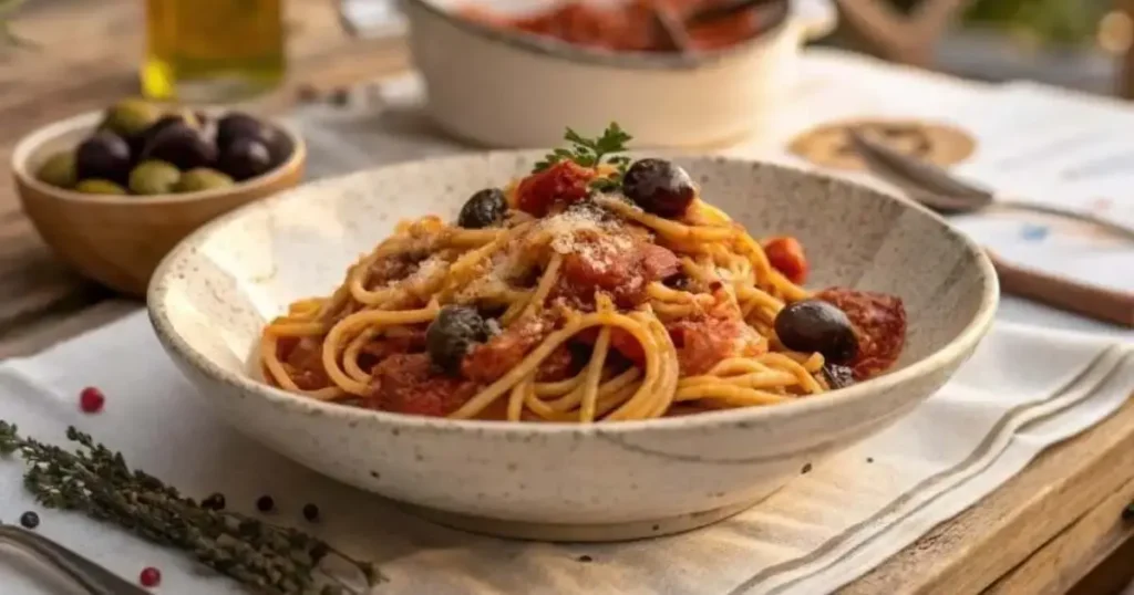 Pasta Puttanesca recipe with olives and capers on rustic table