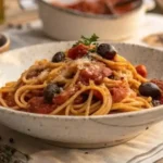 Pasta Puttanesca recipe with olives and capers on rustic table