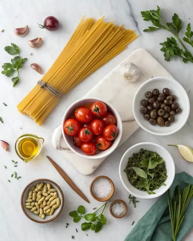 Pasta Puttanesca ingredients arranged on a marble counter