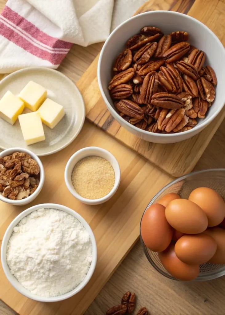 ingredients for pecan pie bars on kitchen counter