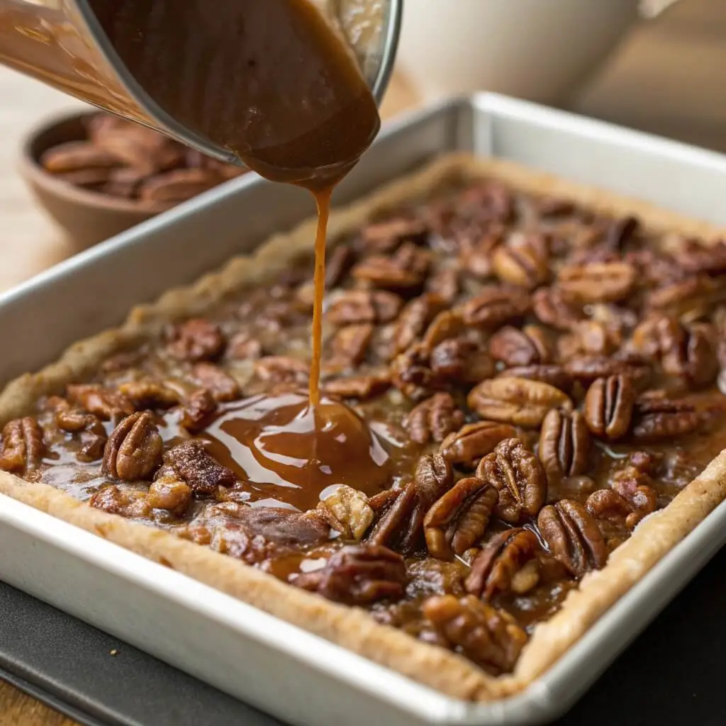 pouring pecan filling over crust for pecan pie bars