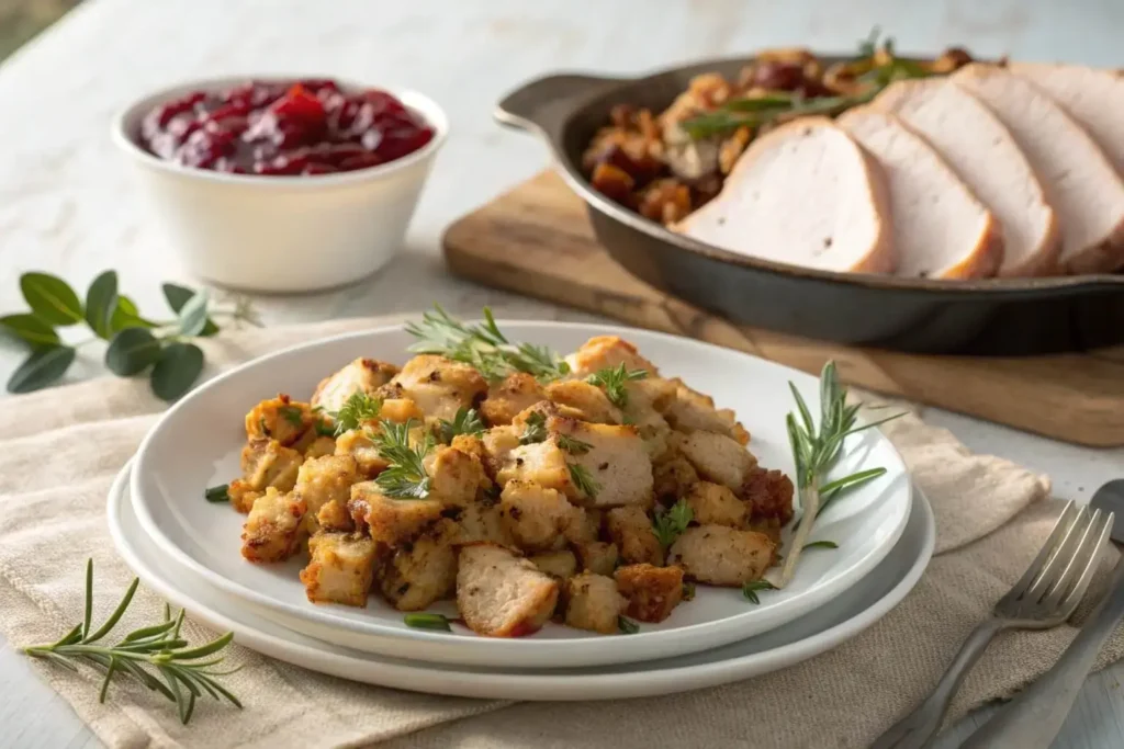 Serving crockpot stuffing with turkey and cranberry sauce