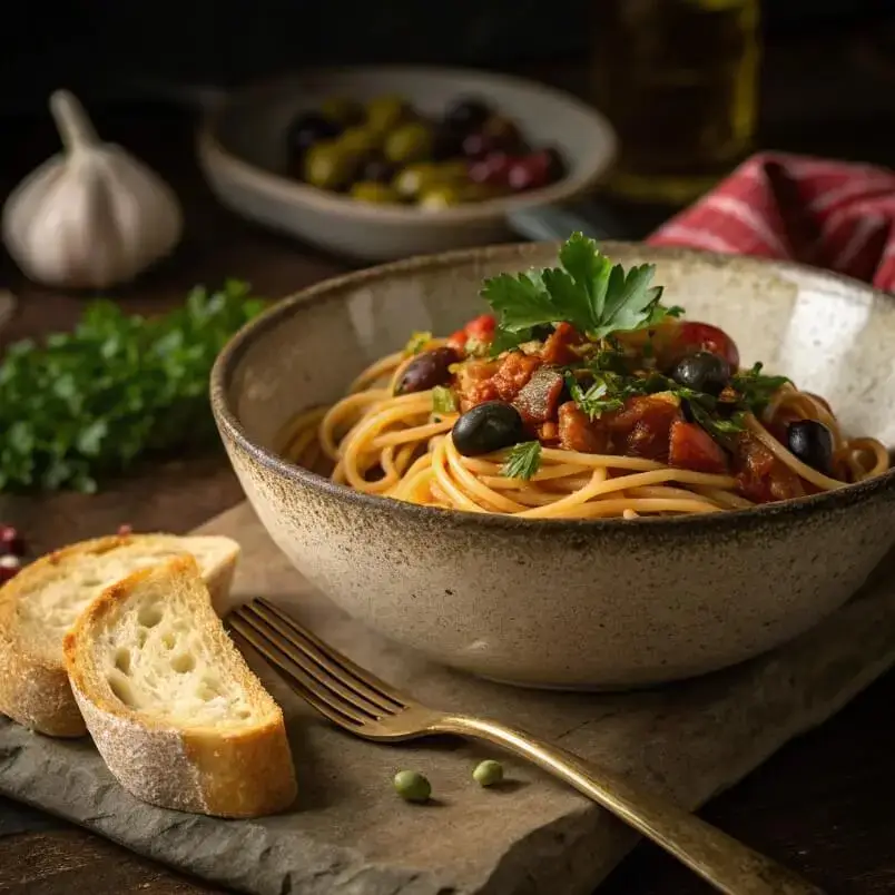 Pasta Puttanesca served in a rustic bowl with garlic bread