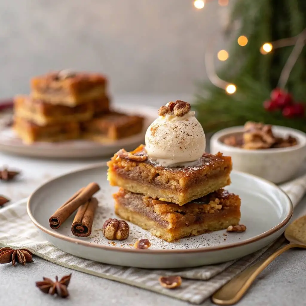serving pecan pie bars with ice cream