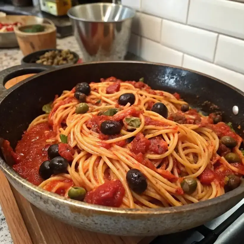 Spaghetti tossed in rich red Puttanesca sauce with olives