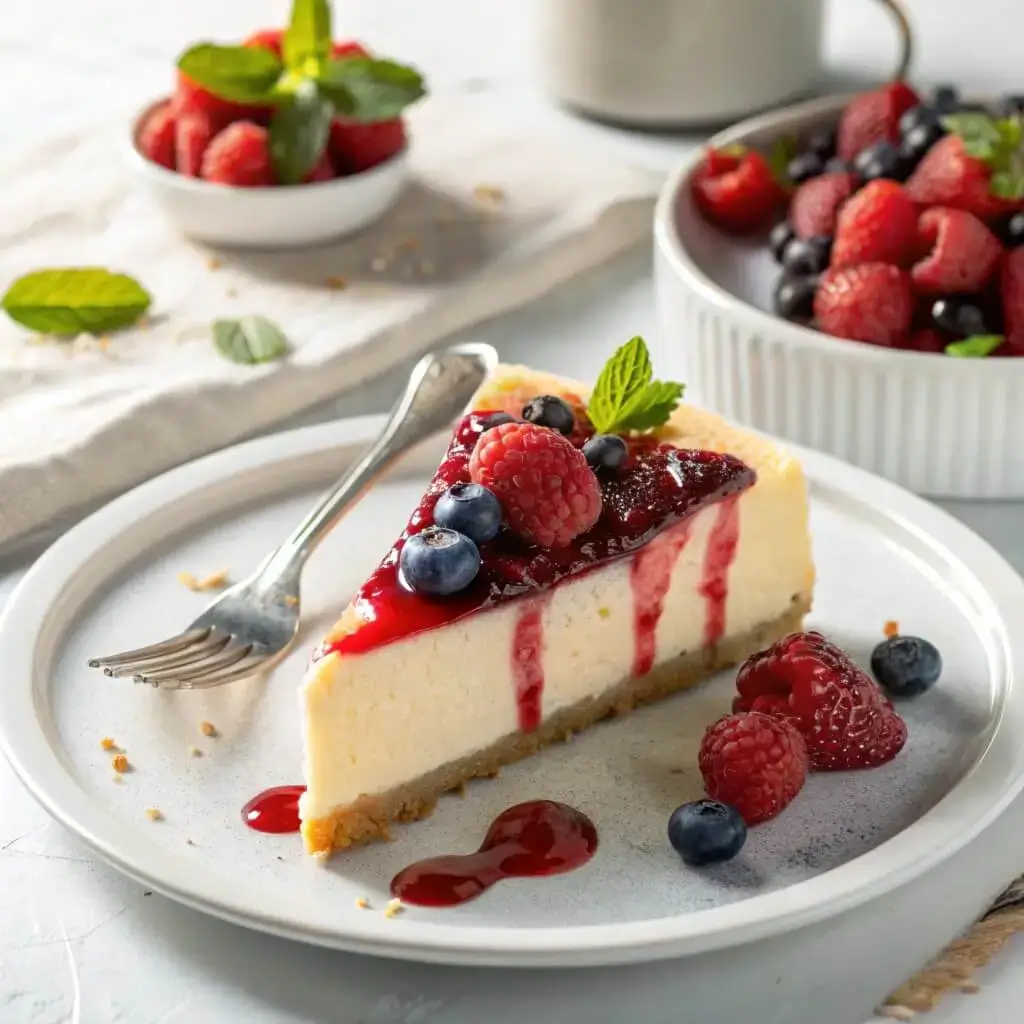 plated cheesecake slice with raspberry drizzle