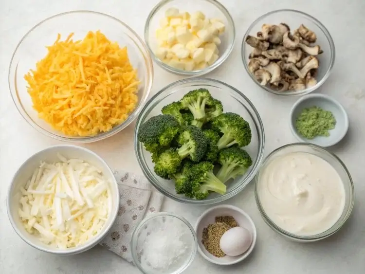 Ingredients for broccoli cheese casserole including broccoli, cheddar, and soup