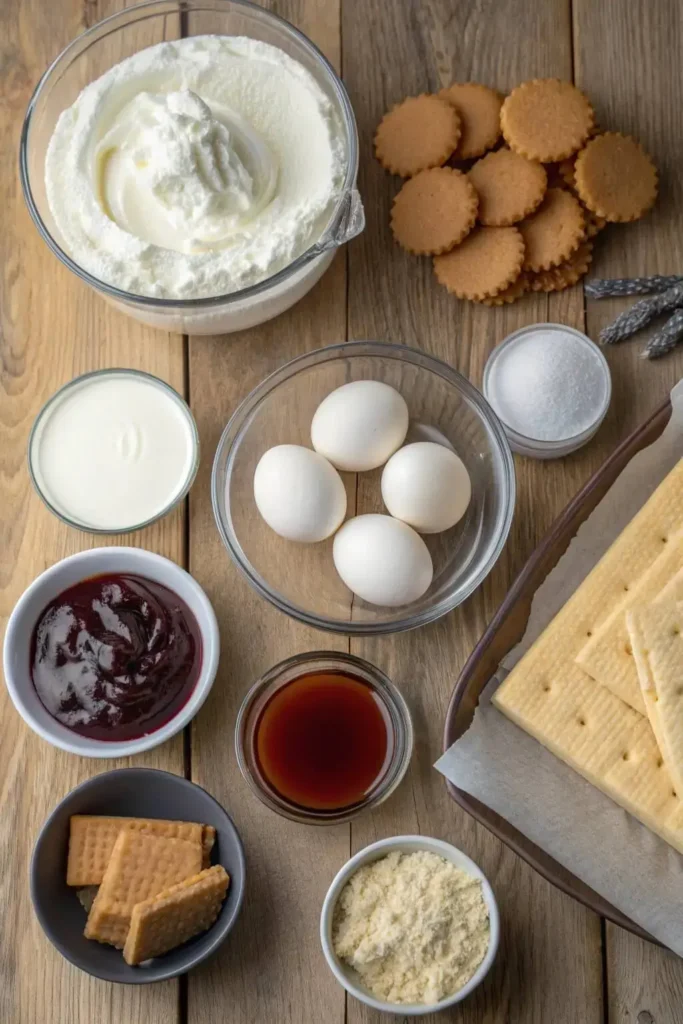 cheesecake ingredients on wooden table